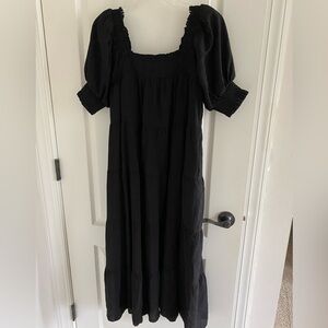 English Factory smocked square neck black dress with puffed sleeves.